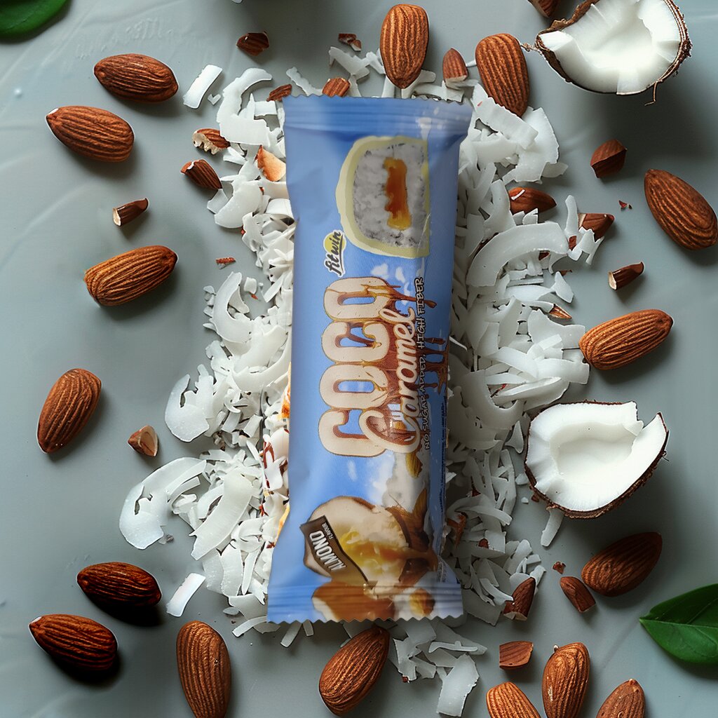 Кокосово-карамельний батончик FitWin Coco Caramel No Sugar Added, 40 грам - Мигдаль без доданого цукру
