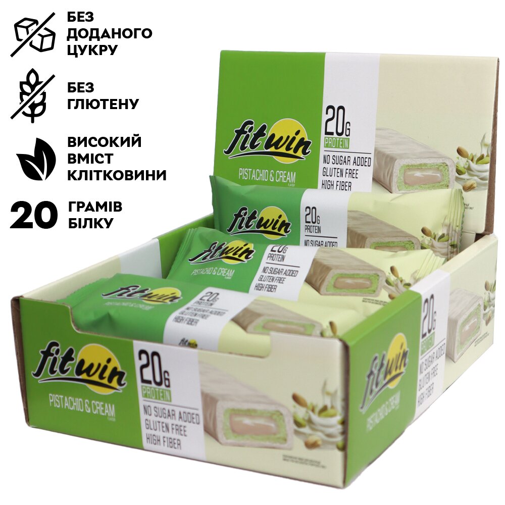 Блок протеїнових батончиків FitWin Protein Bar 33%, 12x60 грам - Фісташка з начинкою