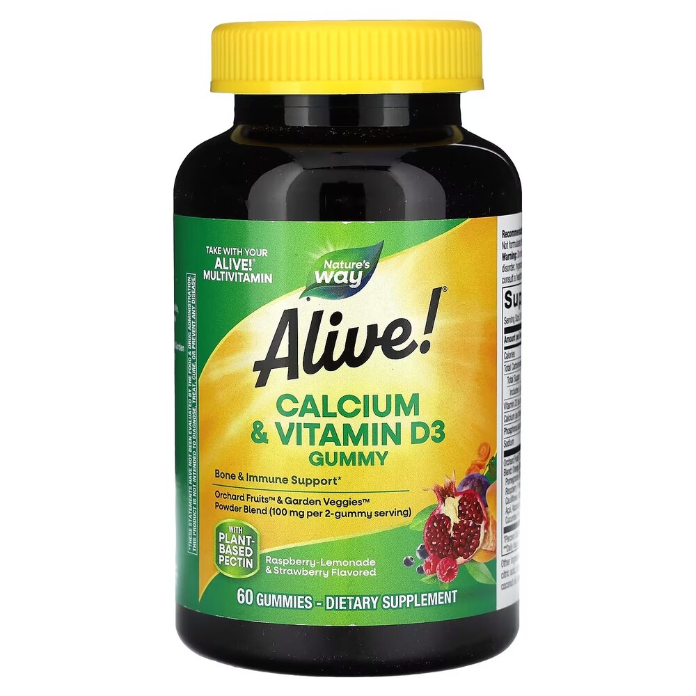 Вітаміни та мінерали Nature's Way Alive! Calcium + Vitamin D3 Gummy, 60 желейок - Малиновий лимонад та полуниця