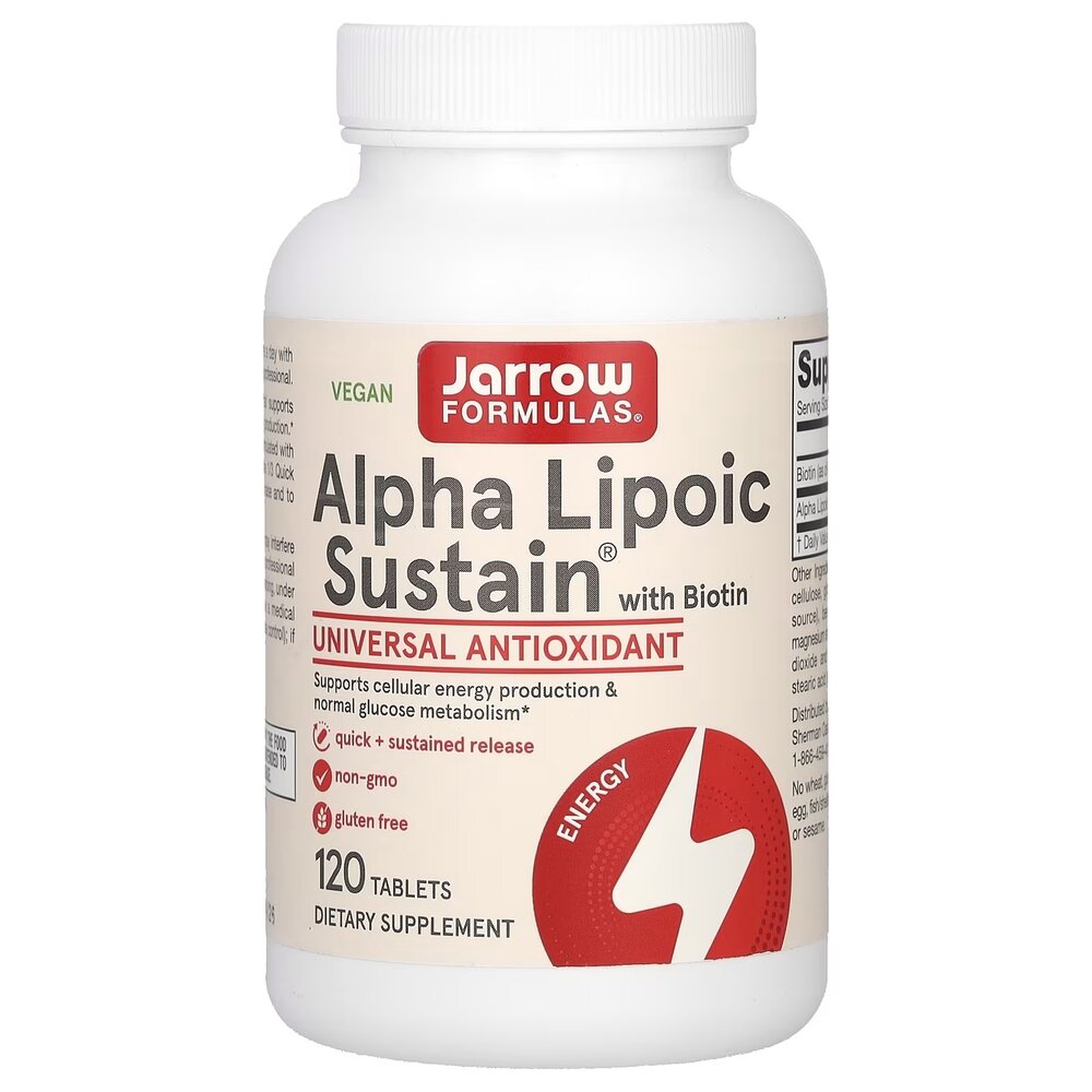 Альфа-ліпоєва кислота та біотин Jarrow Formulas Alpha Lipoic Sustain with Biotin, 60 таблеток для підтримки шкіри, волосся та ні