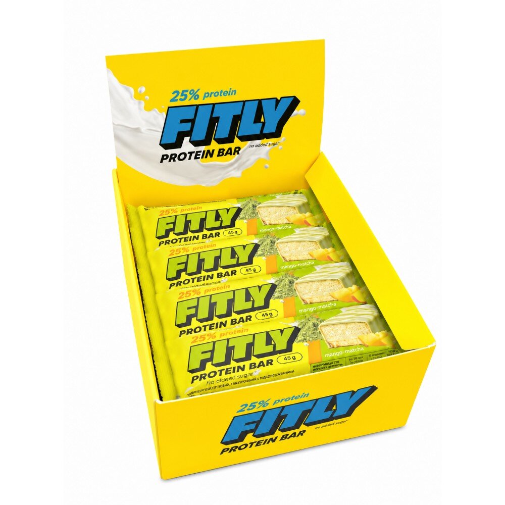 Блок протеїнових батончиків Fitly Protein Bar 25% No Added Sugar, 12*45 грам - Манго-матча