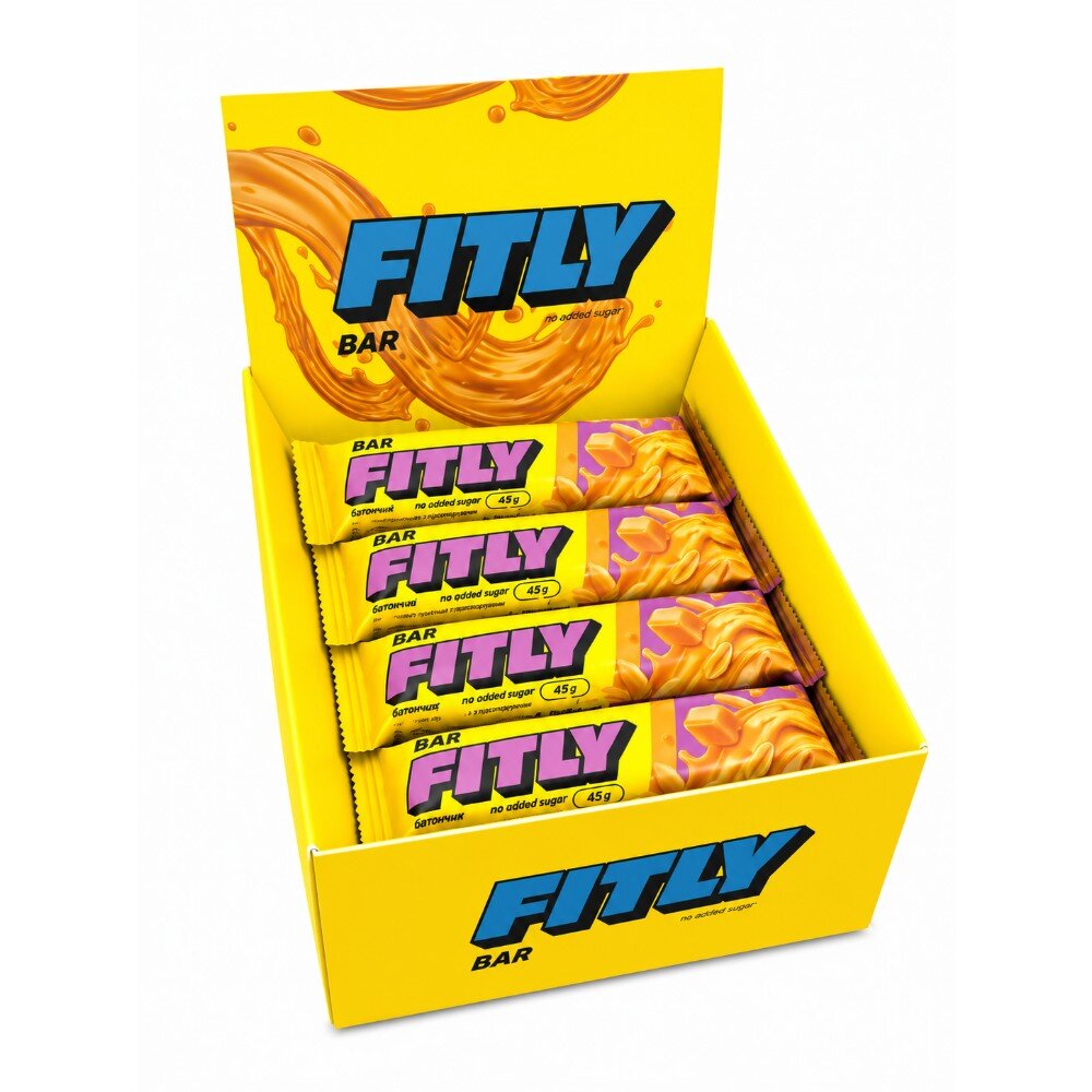 Блок вуглеводних батончиків Fitly Bar No Added Sugar, 12*45 грам - Фінік-арахіс-карамель