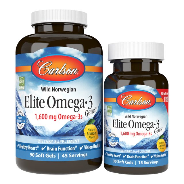 Жирні кислоти Carlson Labs Wild Norwegian Elite Omega 3 Gems, 90+30 капсул - Лимон