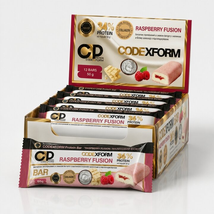 Блок протеїнових батончиків CODExFORM Protein Bar, 12*50 грам - Малина