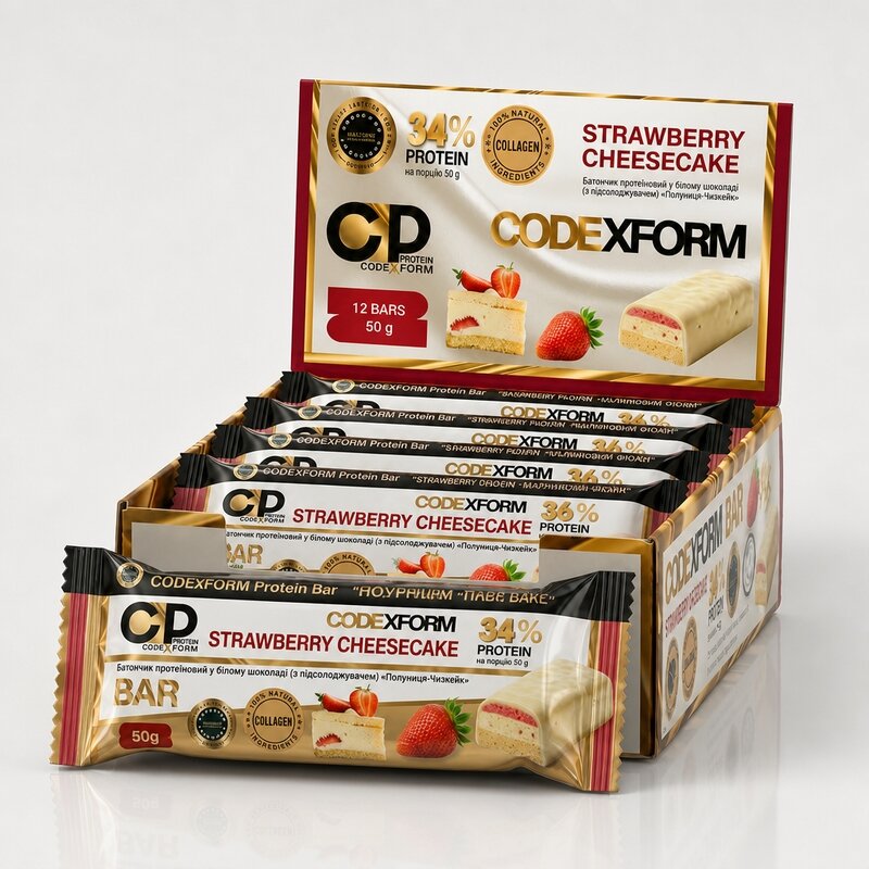 Блок протеїнових батончиків CODExFORM Protein Bar, 12*50 грам - Полуничний чізкейк