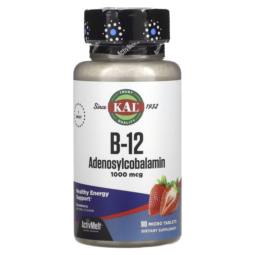 Вітамін B-12  аденозилкобаламін KAL Vitamin B-12 Adenosylcobalamin 1000 mcg, 90 мікро таблеток - Полуниця для підтримки нервової