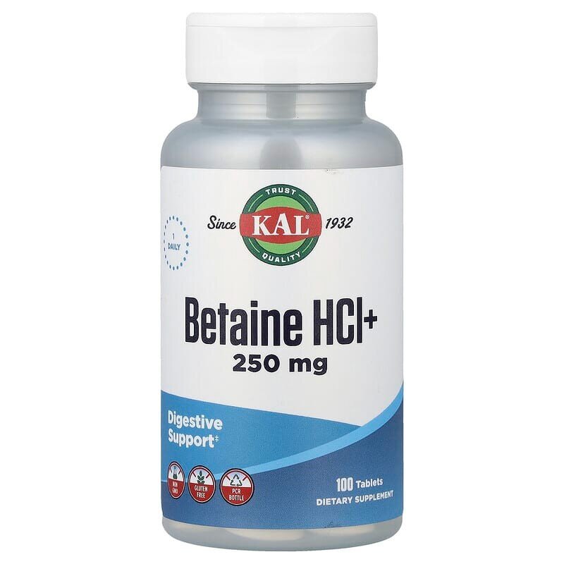 Бетаін гідрохлорид KAL Betaine HCl+ 250 mg, 100 таблеток