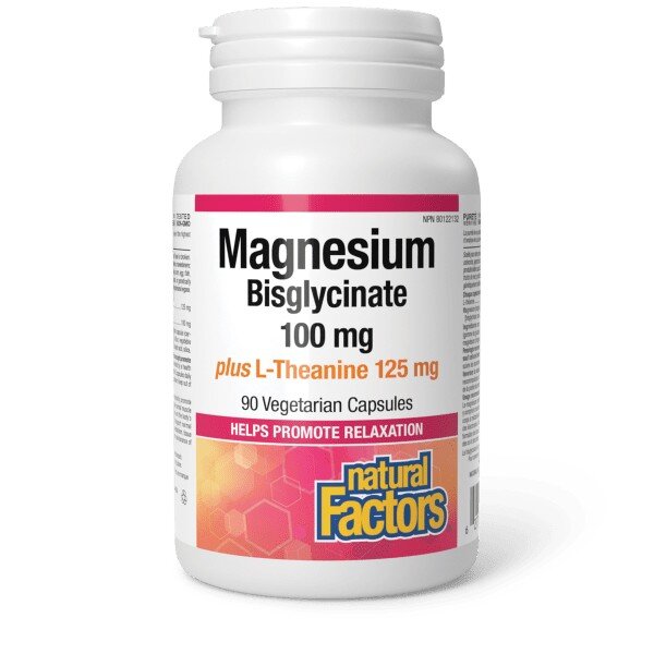 Магній бісгліцинат з L-теаніном Natural Factors Magnesium Bisglycinate plus L-Theanine 100 mg/125 mg, 90 вегакапсул
