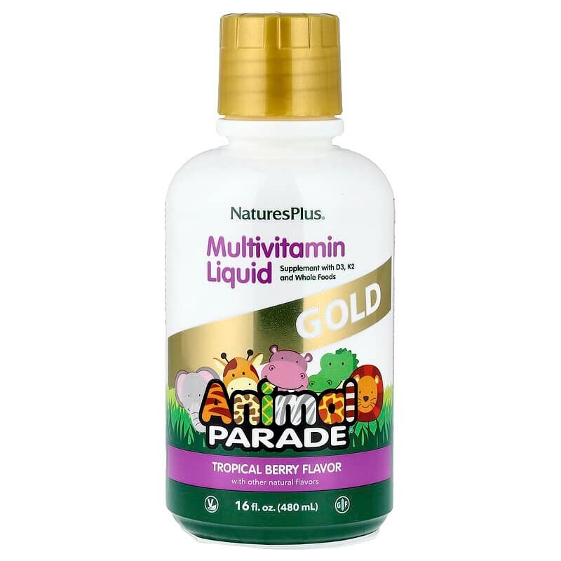 Рідкі вітаміни для дітей Natures Plus Animal Parade GOLD Multivitamin Children’s Liquid, 473 мл - Тропічний