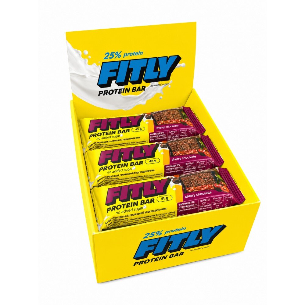 Блок протеїнових батончиків Fitly Protein Bar 25% No Added Sugar, 12*45 грам - Шоколад-вишня