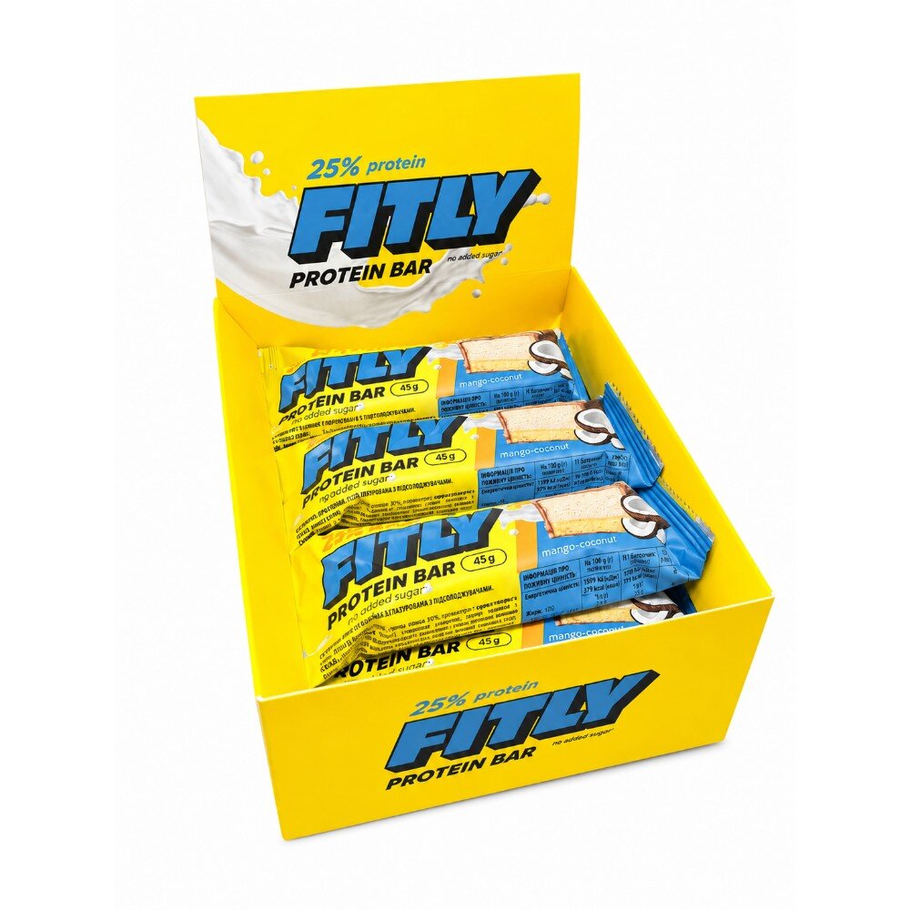 Блок протеїнових батончиків Fitly Protein Bar 25% No Added Sugar, 12*45 грам - Кокос-манго