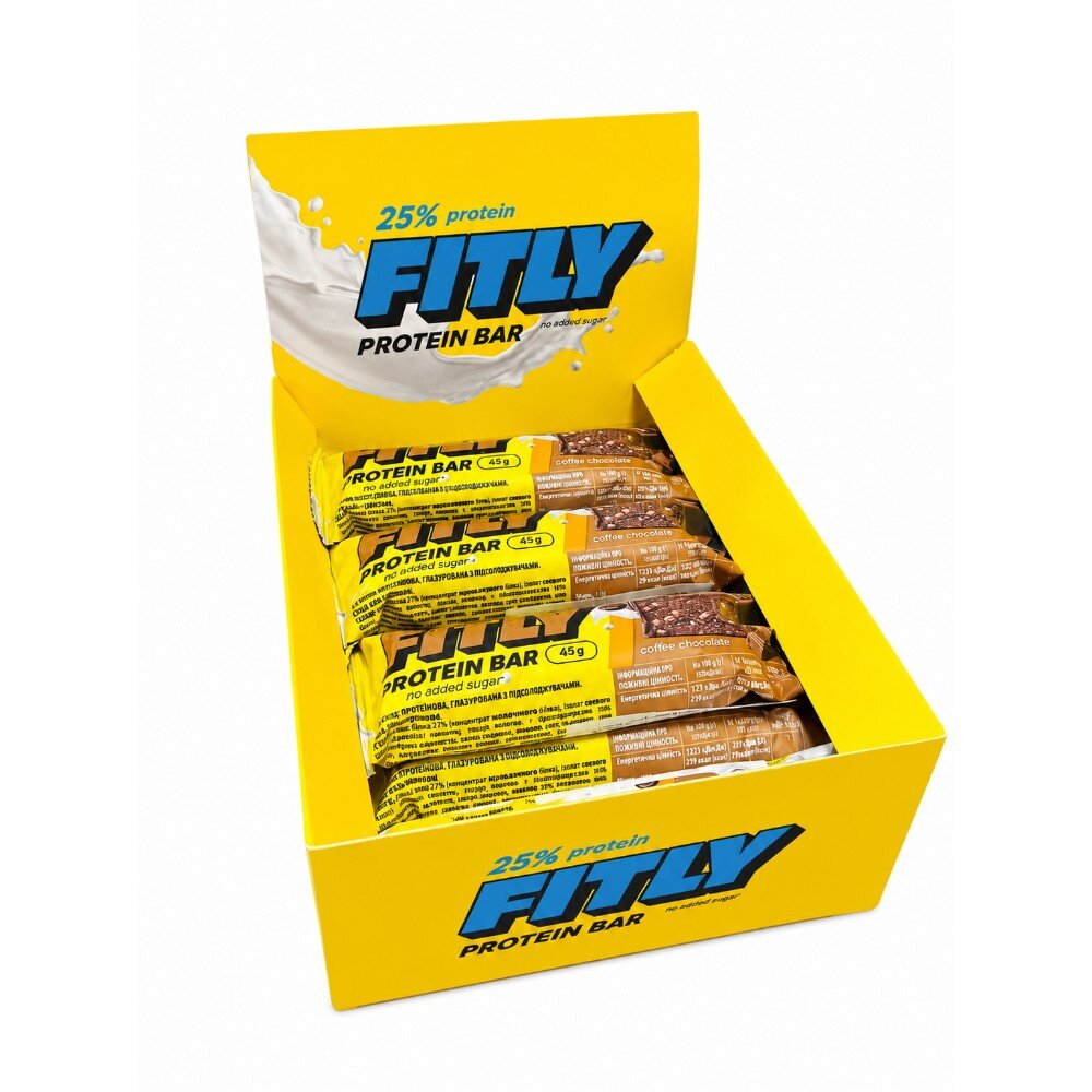 Блок протеїнових батончиків Fitly Protein Bar 25% No Added Sugar, 12*45 грам - Кава-шоколад