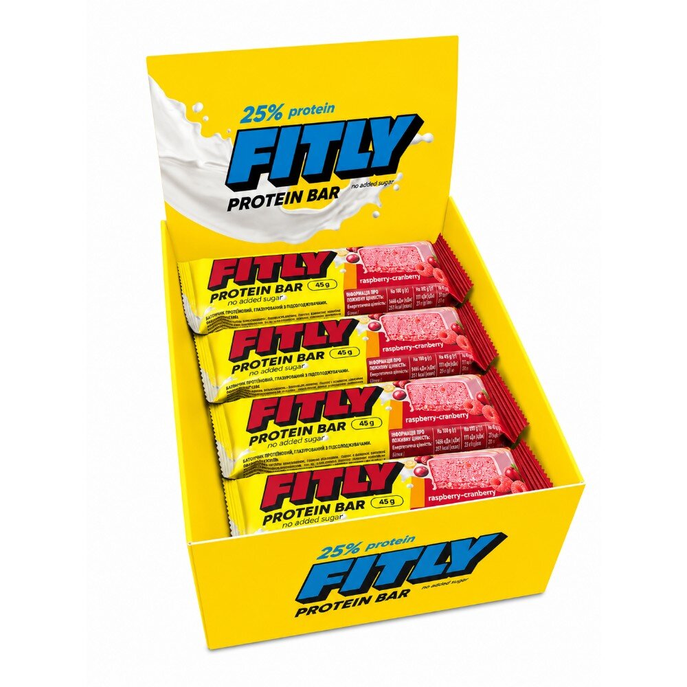 Блок протеїнових батончиків Fitly Protein Bar 25% No Added Sugar, 12*45 грам - Журавлина-малина