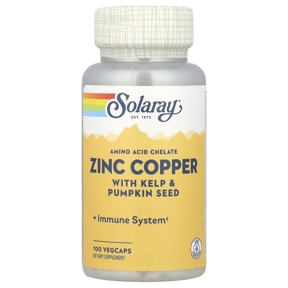 Цинк та Мідь Solaray Zinc Copper, 100 вегакапсул для імунітету та шкіри